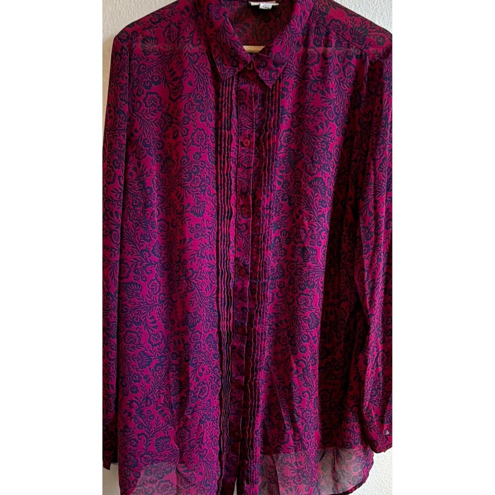 St. John's Bay Women's 2X Pink/Black Floral Sheer Chiffon Button-Front Blouse